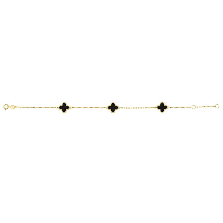9K Yellow Gold Black Onyx Clover Bracelet 19cm