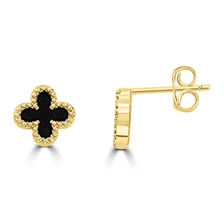 9K Yellow Gold Black Onyx Clover Stud Earrings