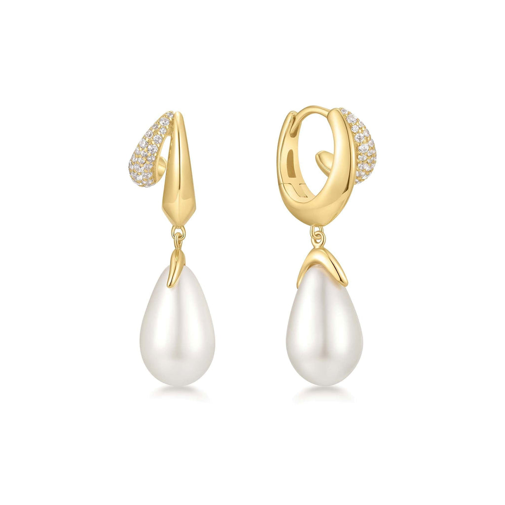 Gold Sparkling Duet Mixed Shell Pearl Drop Huggie Hoop Earrings