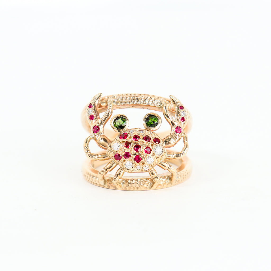 Handmade 9CT Yellow Gold Crab Ring with Peridot, Rubies and Diamonds