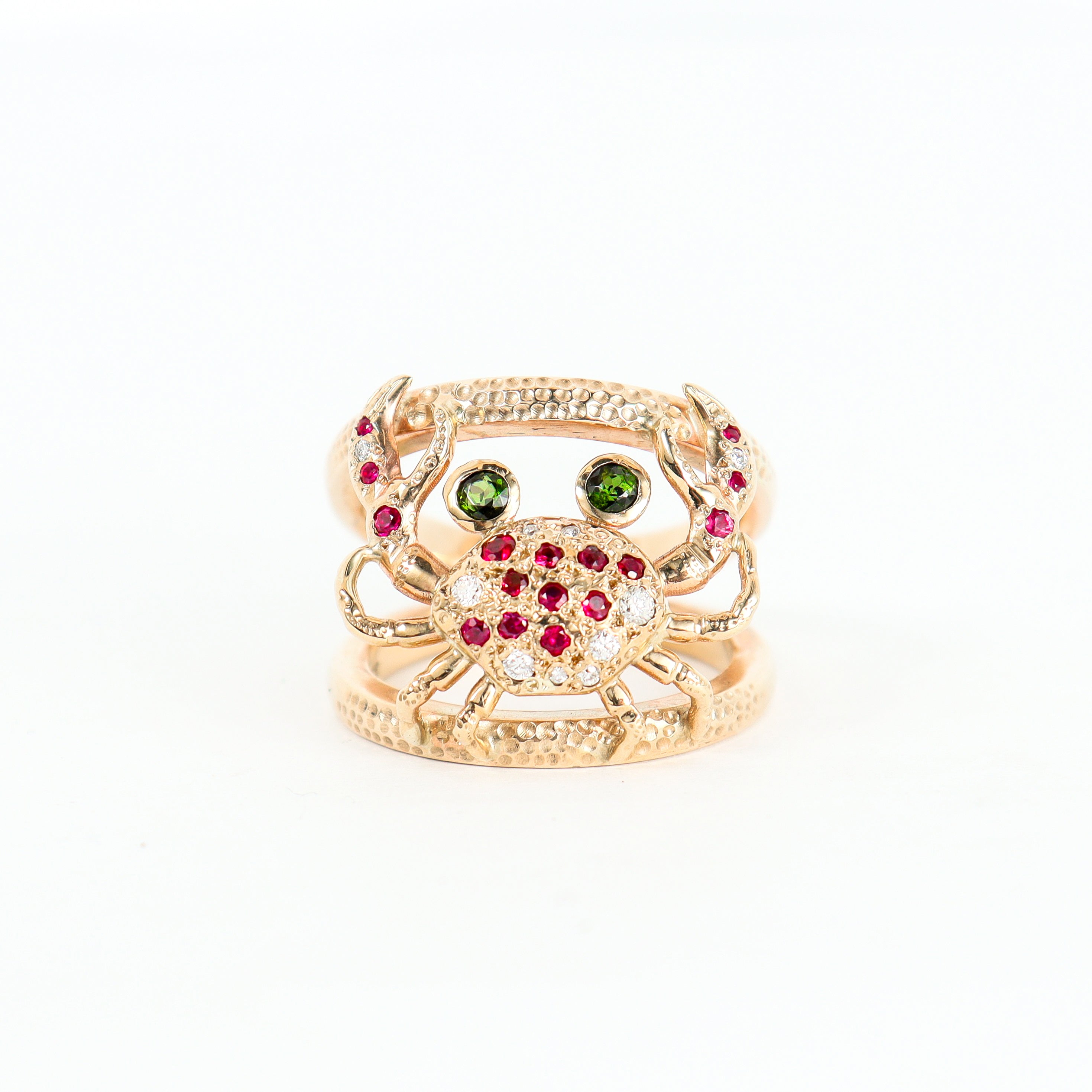 Handmade 9CT Yellow Gold Crab Ring with Peridot, Rubies and Diamonds