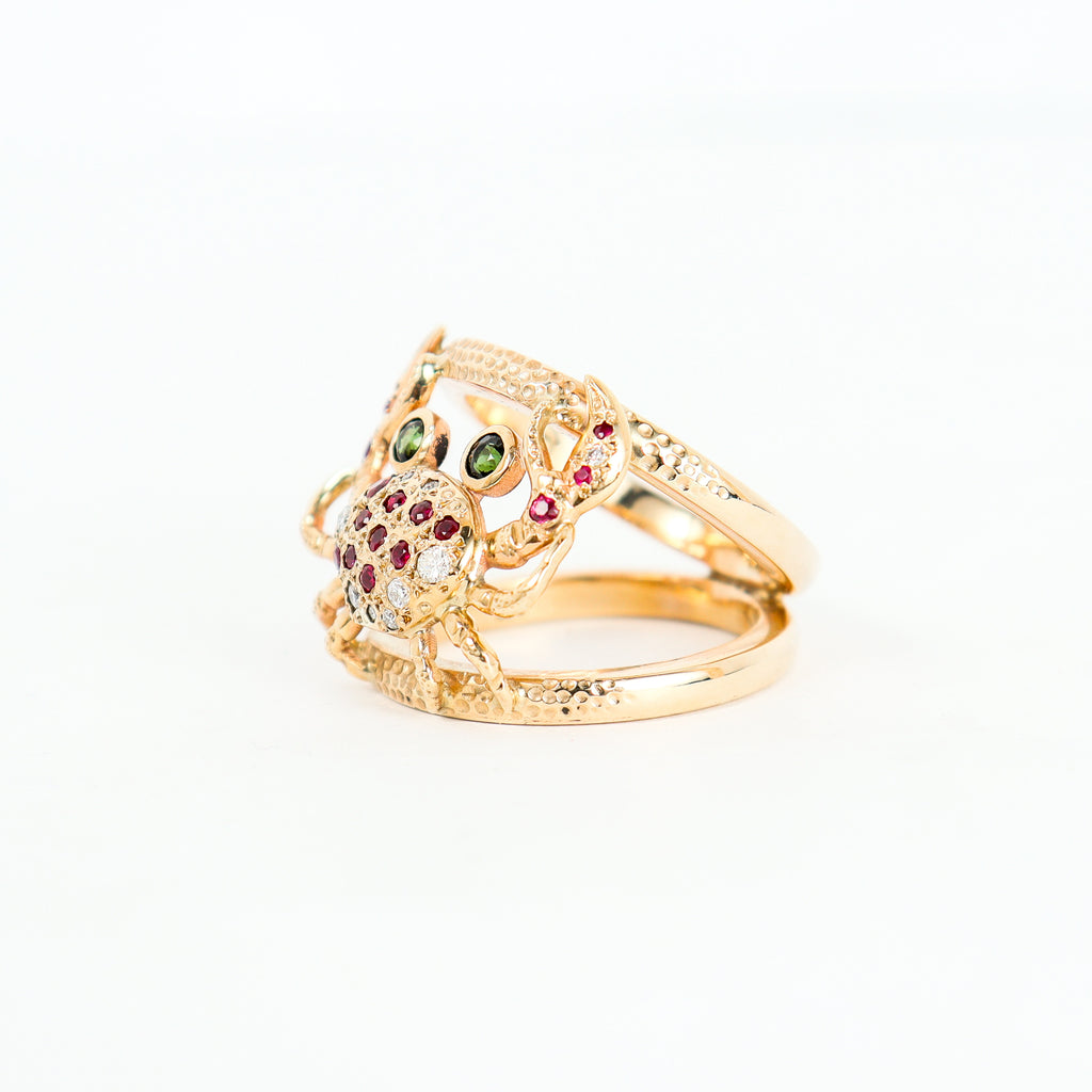 Handmade 9CT Yellow Gold Crab Ring with Peridot, Rubies and Diamonds