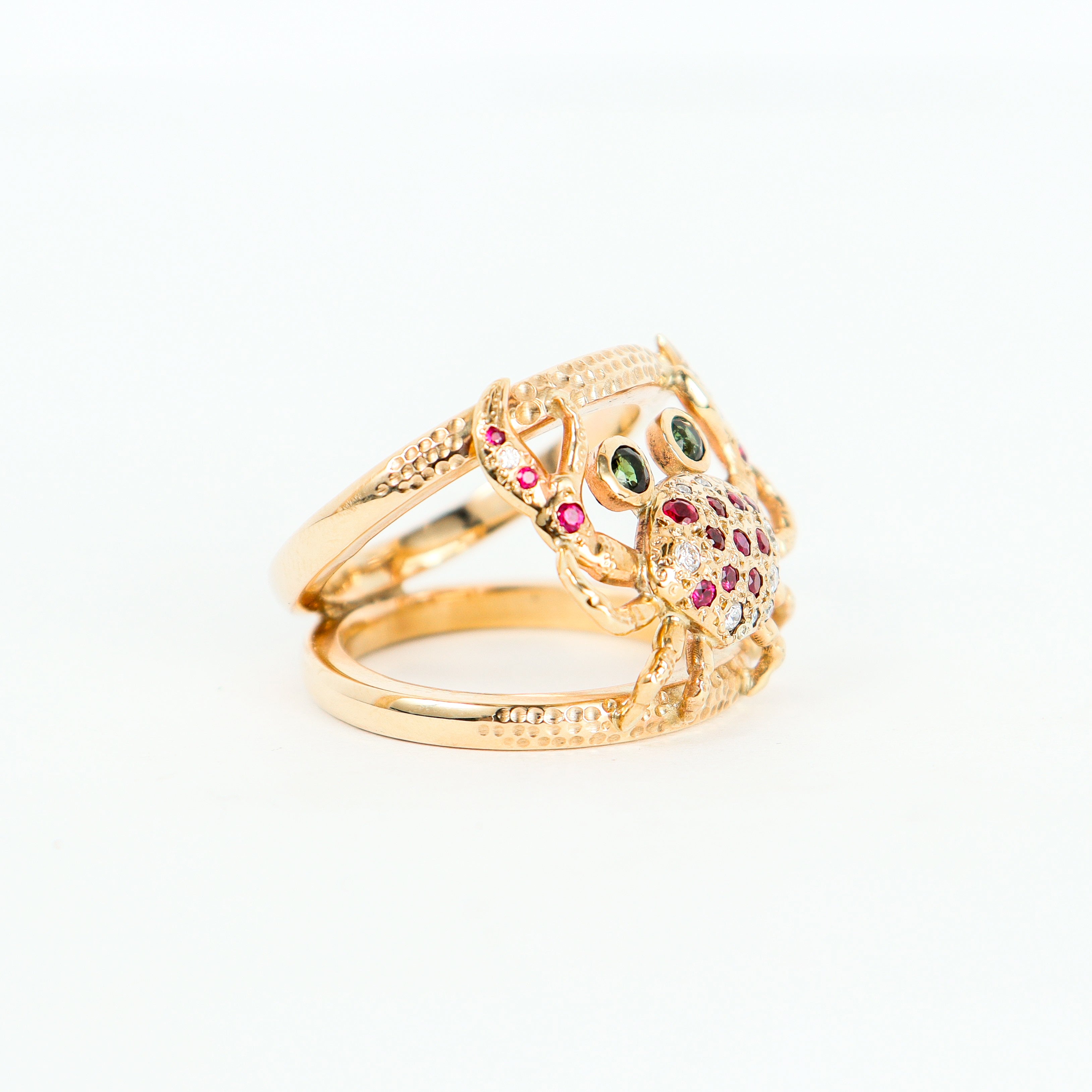 Handmade 9CT Yellow Gold Crab Ring with Peridot, Rubies and Diamonds