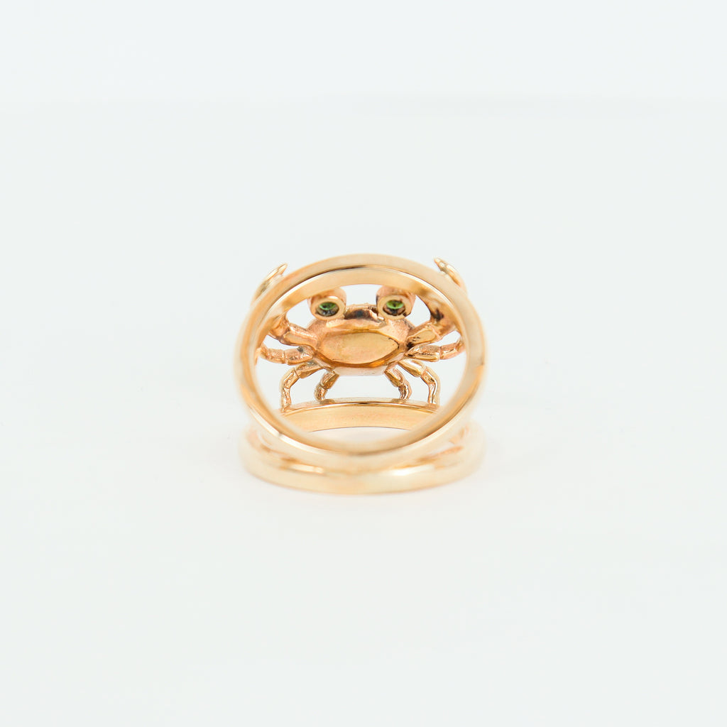 Handmade 9CT Yellow Gold Crab Ring with Peridot, Rubies and Diamonds