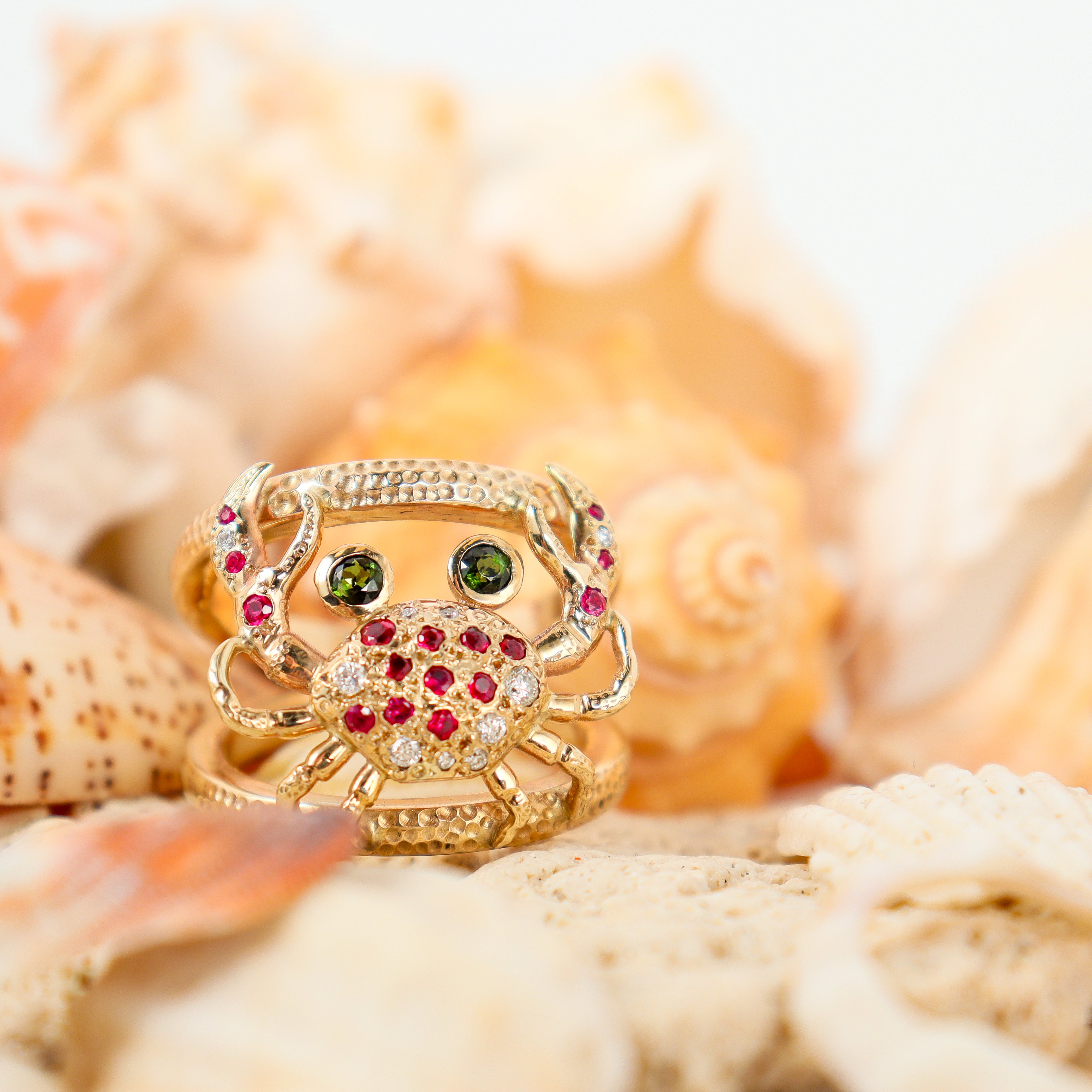 Handmade 9CT Yellow Gold Crab Ring with Peridot, Rubies and Diamonds