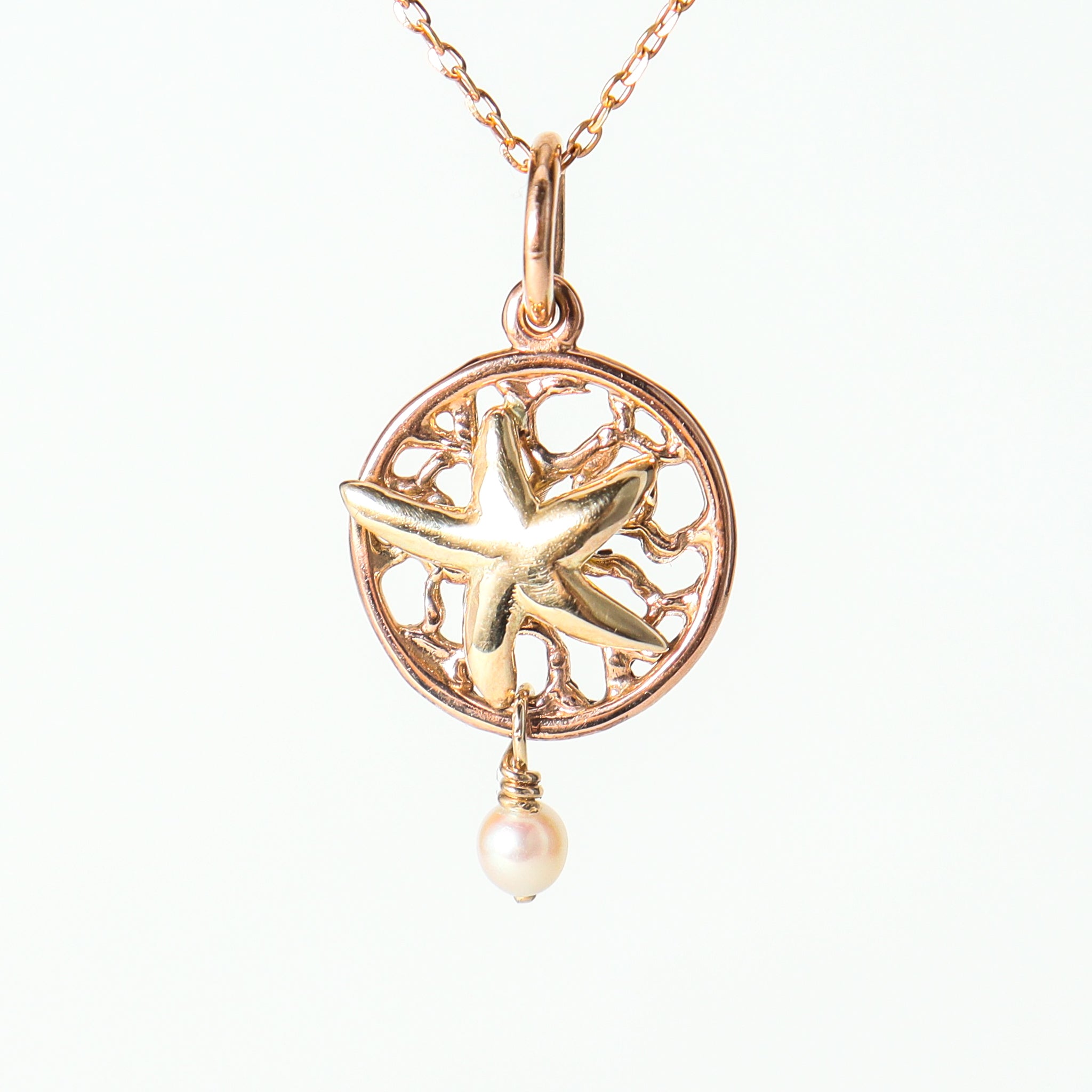 Coral Bay Jewels - 9krg Disc Pendant with 9kyg Starfish & Drop Seed Pearl