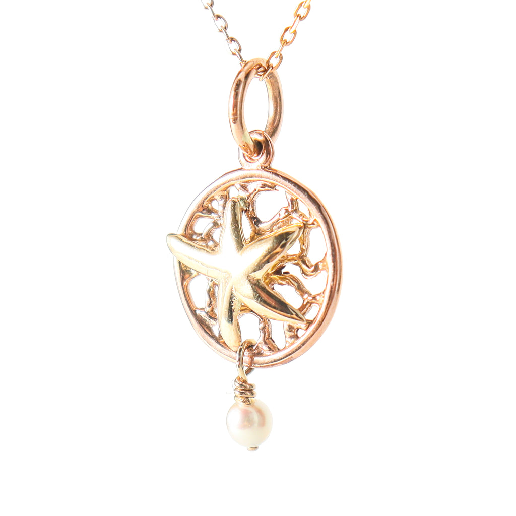 Coral Bay Jewels - 9krg Disc Pendant with 9kyg Starfish & Drop Seed Pearl