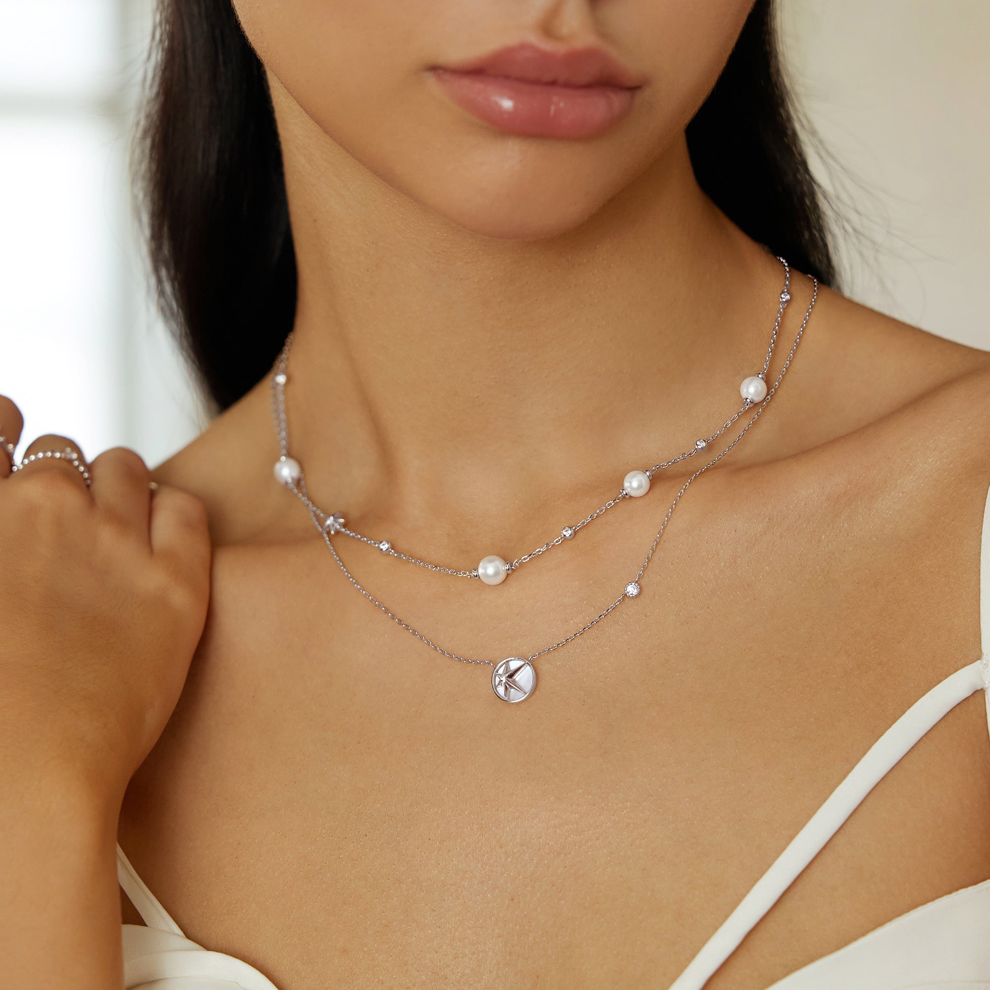 Ania Haie Silver Pearl and Star Station Necklace